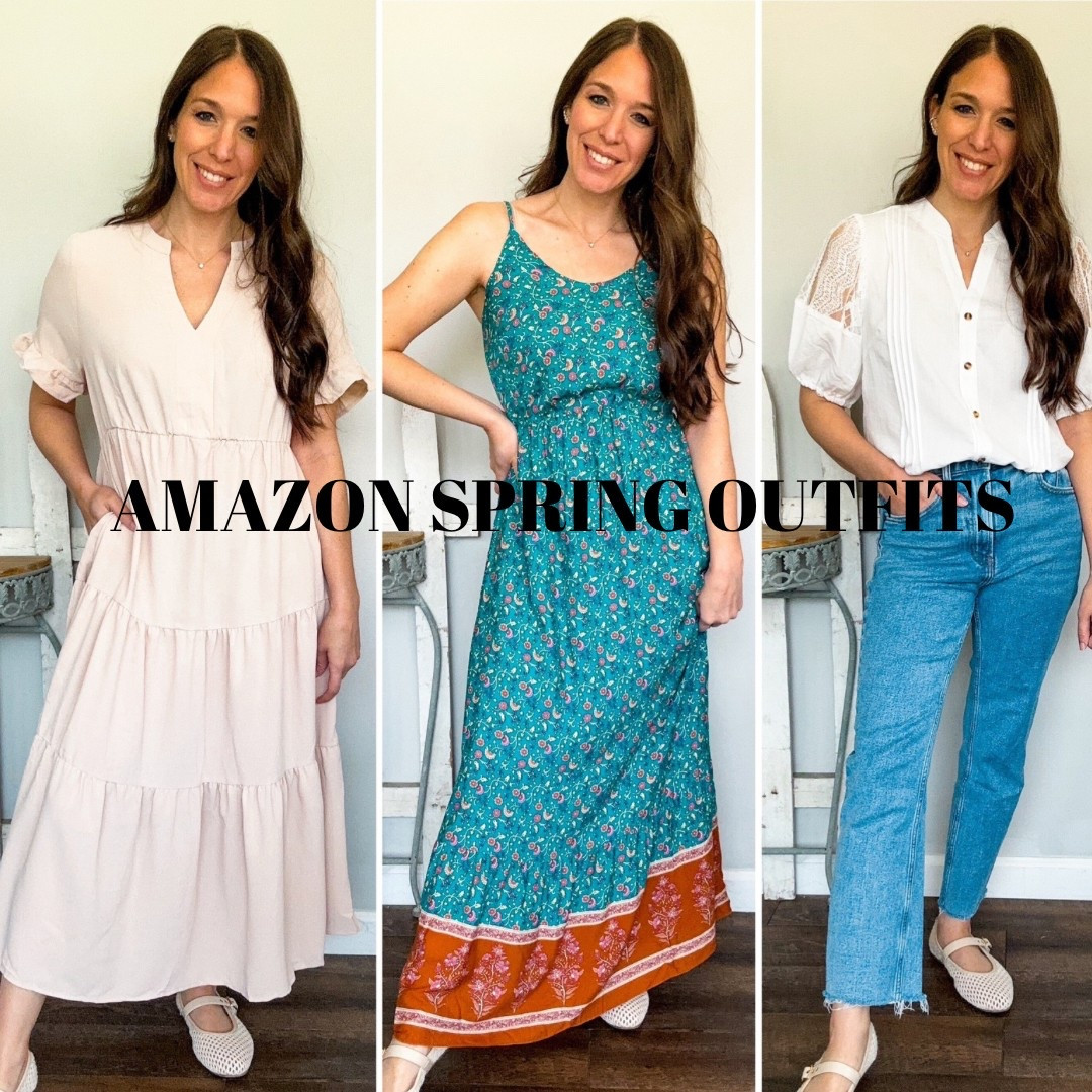 Amazon spring outfits! 
Wearing small in all! Jeans tts short
Shoes tts 

White lace top: 15% off coupon 
Tan dress: $4 off coupon 
Teal dress: 10% off plus 10% off coupon 

#LTKFindsUnder100 #LTKStyleTip #LTKFindsUnder50