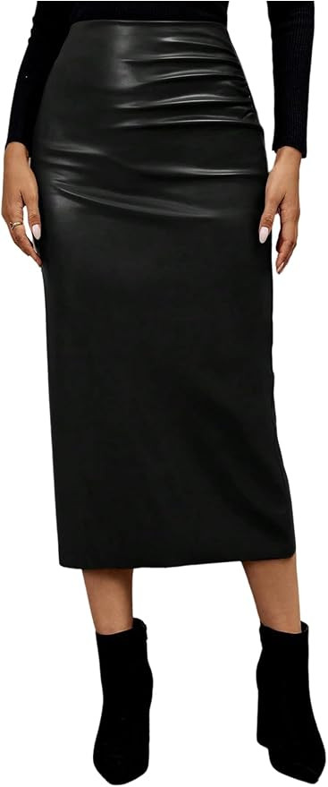 GORGLITTER Women's Casual Fitted Faux Leather Slit Maxi Skirt Ruched Side Elastic High Waist Long... | Amazon (US)