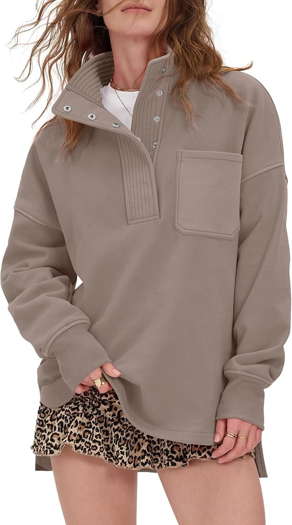 Locachy Womens Casual Oversized Sweatshirt Long Sleeve Button Henley Neck Pullover Tops Fashion O... | Amazon (US)