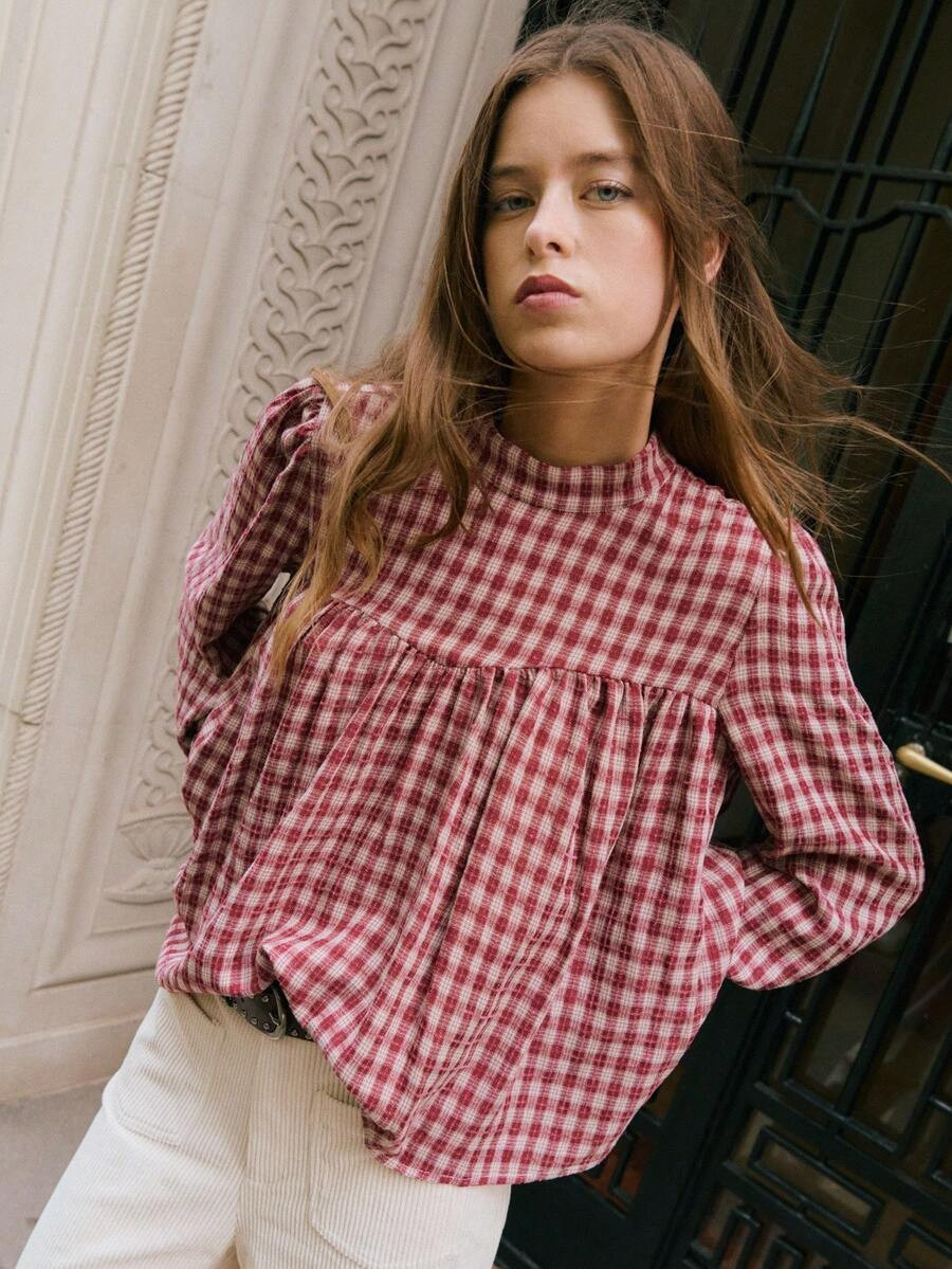Nöista Plaid Blouse With An Elegant St Collar Voluminous Sleeves A Relaxed Silhouette Offering A... | SHEIN