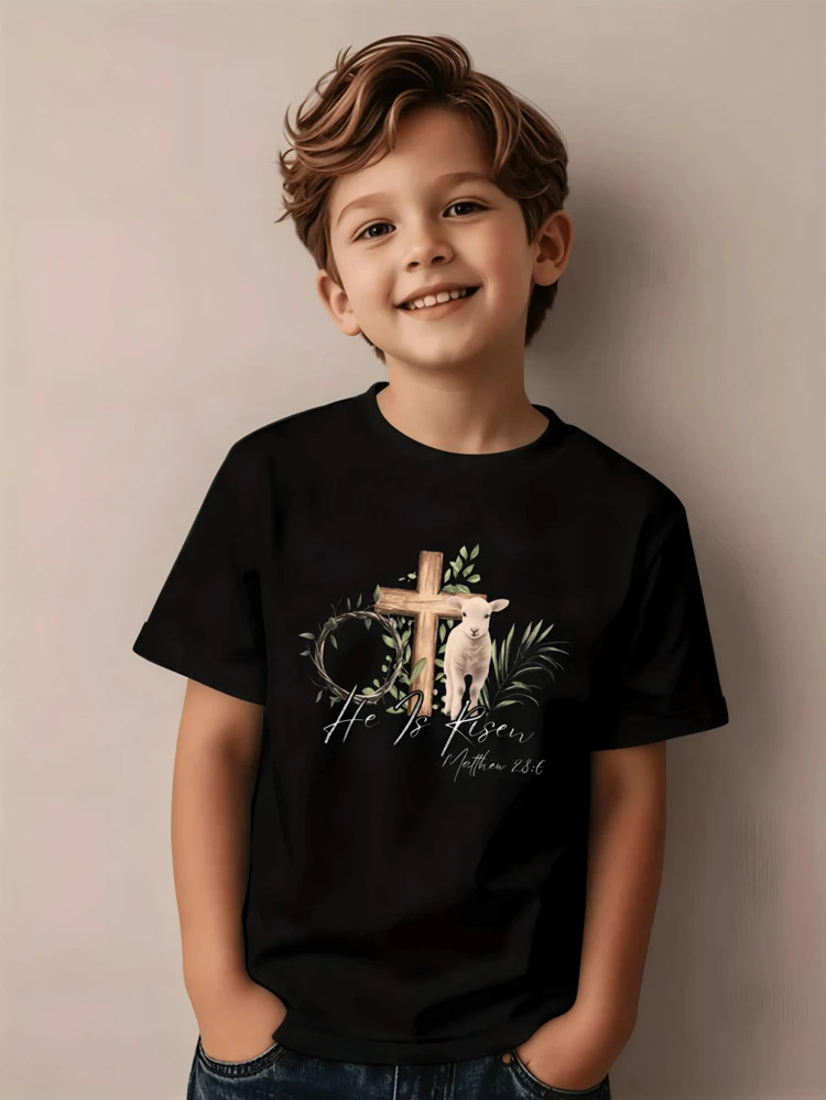 He Is Risen Sheep Lamb Cross Jesus Christian Easter Day T-Shirt Kid T Shirt | SHEIN