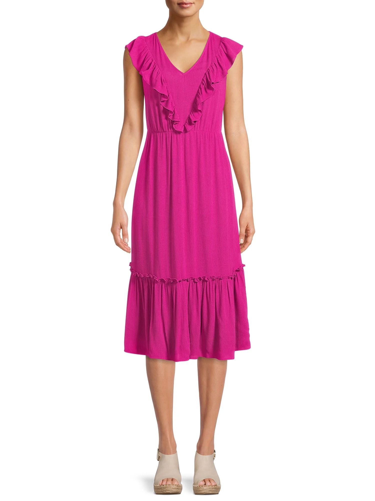 Time and Tru Women's Sleeveless V Neck Flutter Woven Dress - Walmart.com | Walmart (US)