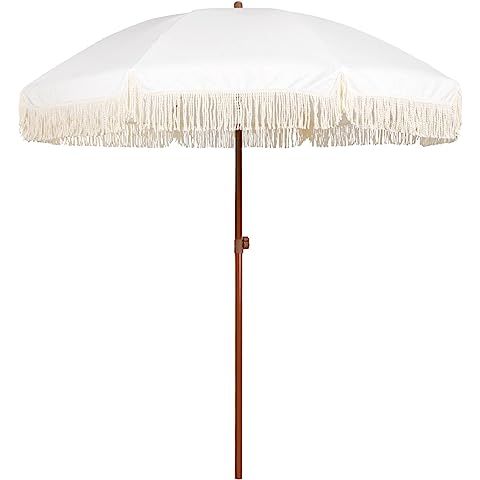 Business & Pleasure Co. Holiday Umbrella - White Boho Beach Umbrella with Fringe - UPF 50+ Blocks... | Amazon (US)