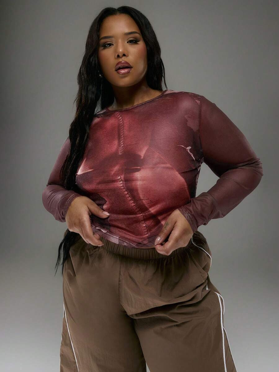 MUSERA Plus Size Printed Mesh Fitted Long Sleeve T-Shirt For Going Out, Sexy,Party, Vacation, Dat... | SHEIN