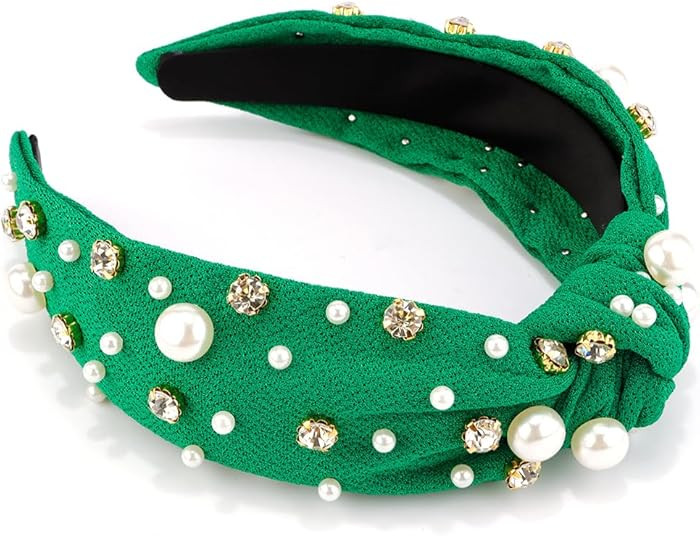 AHONEY Green Headband Pearl Knotted Headband for Women Girls, Rhinestone Top Knot Crystal Christm... | Amazon (US)