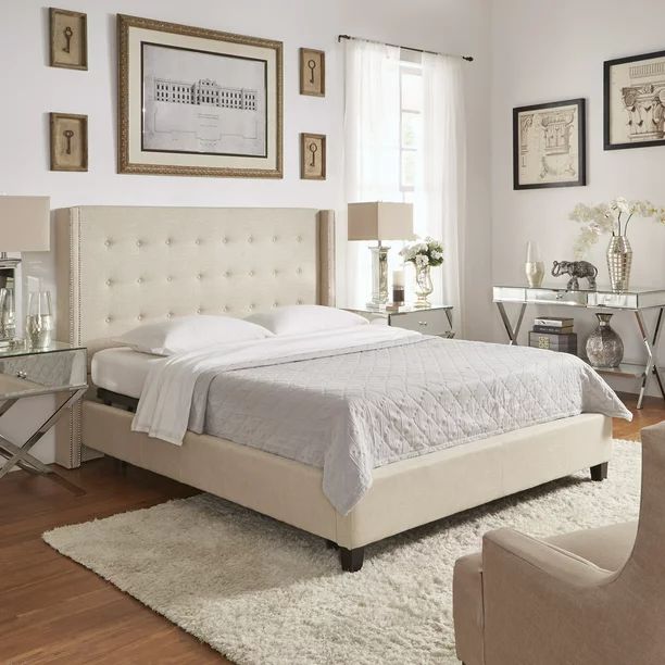 Weston Home Curtis I Upholstered Queen Bed with Wingback Nailhead Headboard, Beige | Walmart (US)