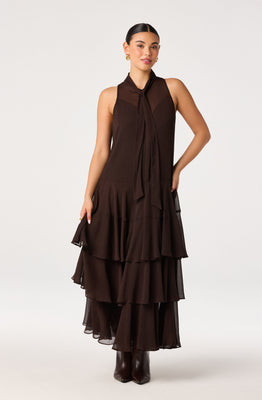 ASTR the Label | Katheryn Tie Neck Maxi Dress in Espresso |  Size XS | ASTR The Label (US)