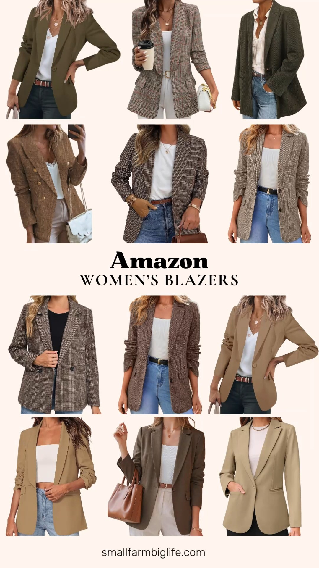 A great blazer is the easiest way to pull together a business casual workwear look and this edit rounds up the best fall styles worth adding to your closet.

Starting with plaid and houndstooth: a light brown houndstooth tweed blazer with a notch lapel, a brown version of the same fitted wool style, a brown plaid shawl collar blazer with an open front, a brown plaid oversized blazer with pockets, and a coffee brown plaid double breasted blazer.

For tweed and texture: a brown double breasted tweed blazer, and an olive green corduroy blazer with a ribbed lapel and button front.

For solid classics: an army green open front blazer with a notch lapel, a khaki version of the same casual blazer, a khaki ruched sleeve blazer with a shawl collar, a khaki button front dressy blazer, and a brown linen blend blazer with a notched lapel.

#businesscasual #blazerseason #workwearoutfits #falloutfits #amazonfashionfinds 

 #LTKootd #LTKOver40 #LTKWorkwear