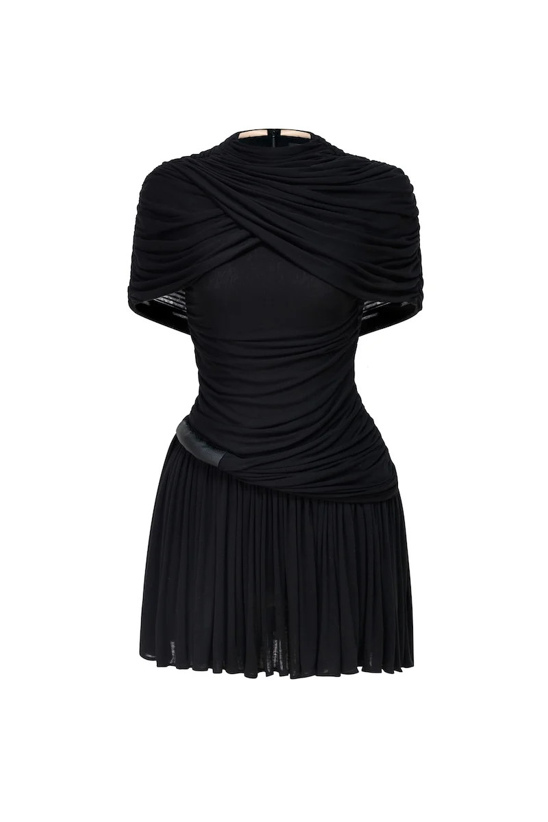 BLACK DRAPED CAPE MINI DRESS | Montsand | CULT MIA | CULT MIA UK LTD
