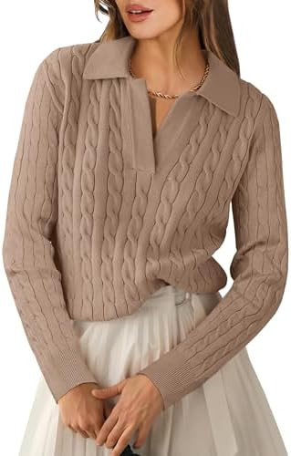 ANRABESS Womens Cable Knit Sweaters Long Sleeve V Neck Sweater Tops Casual Pullover Polo Shirts 2... | Amazon (US)
