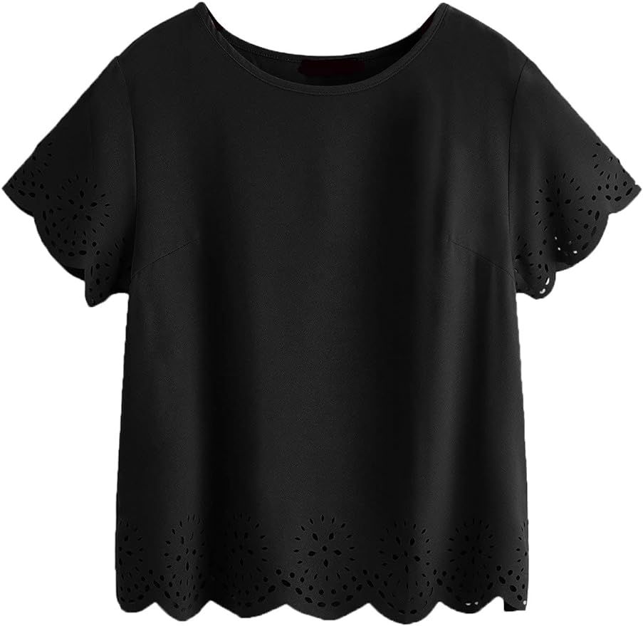 SheIn Women's Casual Round Neck Summer Short Sleeve Scallop T-Shirt Top Blouse | Amazon (US)