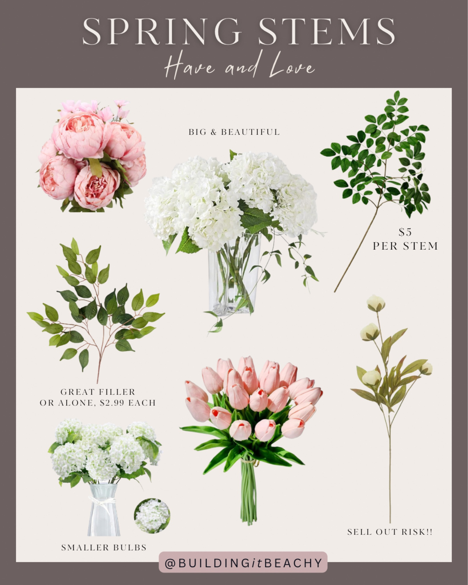 Affordable spring faux stems - I have and love all of these! The white/cream peonies have been going in and out of stock, FYI. 

Spring stems, spring flowers, tulips, hydrangeas, ficus, Amazon, Target, Michael’s, affordable spring decor, budget friendly, easy decor, faux stems 

#LTKSeasonal #LTKhome