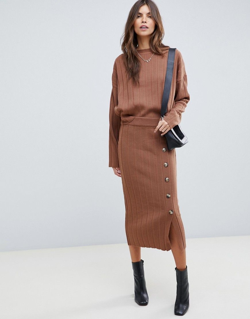 ASOS DESIGN two-piece skirt in wide rib with buttons - Brown | ASOS US