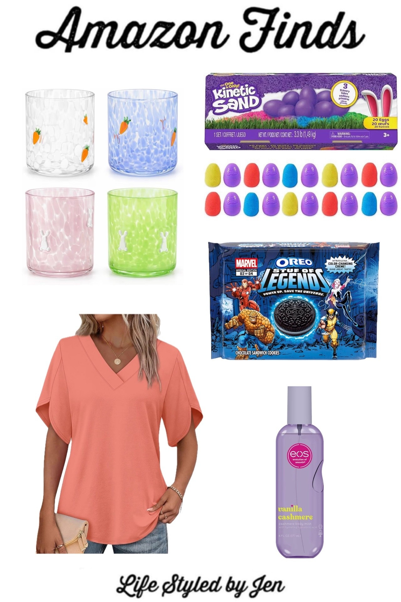 Time for this week’s Amazon Finds - five items from Amazon that are definitely worth checking out! 🎉

✔️ Easter Icon Glasses - this style of glassware has been immensely popular over the past months. Amazon has this fun Easter set available, and you can choose either two or four glasses. Incredibly durable glass that is so pretty in person! 🤩 

✔️ WIHOLL Women’s Petal Sleeve Shirts - fun take on a basic! This new tee from one of Amazon’s best selling brands has such a nice looser fit, with petal sleeve detailing for an extra touch of style. Lots of colors available for as low as $12.99! 

✔️ Kinetic Sand Easter Egg Set - Kinetic Sand has been a longtime favorite with kids, as it’s an easy to play with maleable version of sand that isn’t nearly as messy. These filled eggs are perfect for Easter baskets or egg hunts - kids will be thrilled to receive these. 

✔️ Oreo Marvel Stuf of Legends - new release from Oreo that is super fun for Marvel fans! These limited edition cookies feature Marvel characters and color changing creme! On flash sale today as well - these are hard to find 🙌🏻

✔️ eos Vanilla Cashmere Body Mist - Amazon’s current #1 best selling beauty product smells AMAZING! Vanilla is considered the most universally appealing fragrance, and this is a lovely scent made of a clean beauty formula. Several other scents are available as well - great for gifting also! 

#amazon #amazonfinds 

#LTKSeasonal #LTKHome #LTKSaleAlert