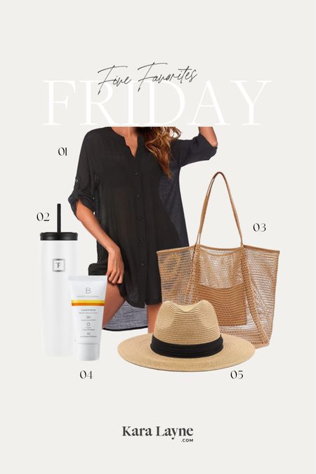 Another round up of Five Friday Favorites and these are poolside just-haves for mom. 01: A great cover up, 02: My favorite flask tumbler to stay hydrated, 03: A washable and mesh tote to carry all the things, 04: Clean mineral sunscreen, 05: A great panama-style hat. Simple, stylish, and affordable.

#LTKSeasonal #LTKunder50