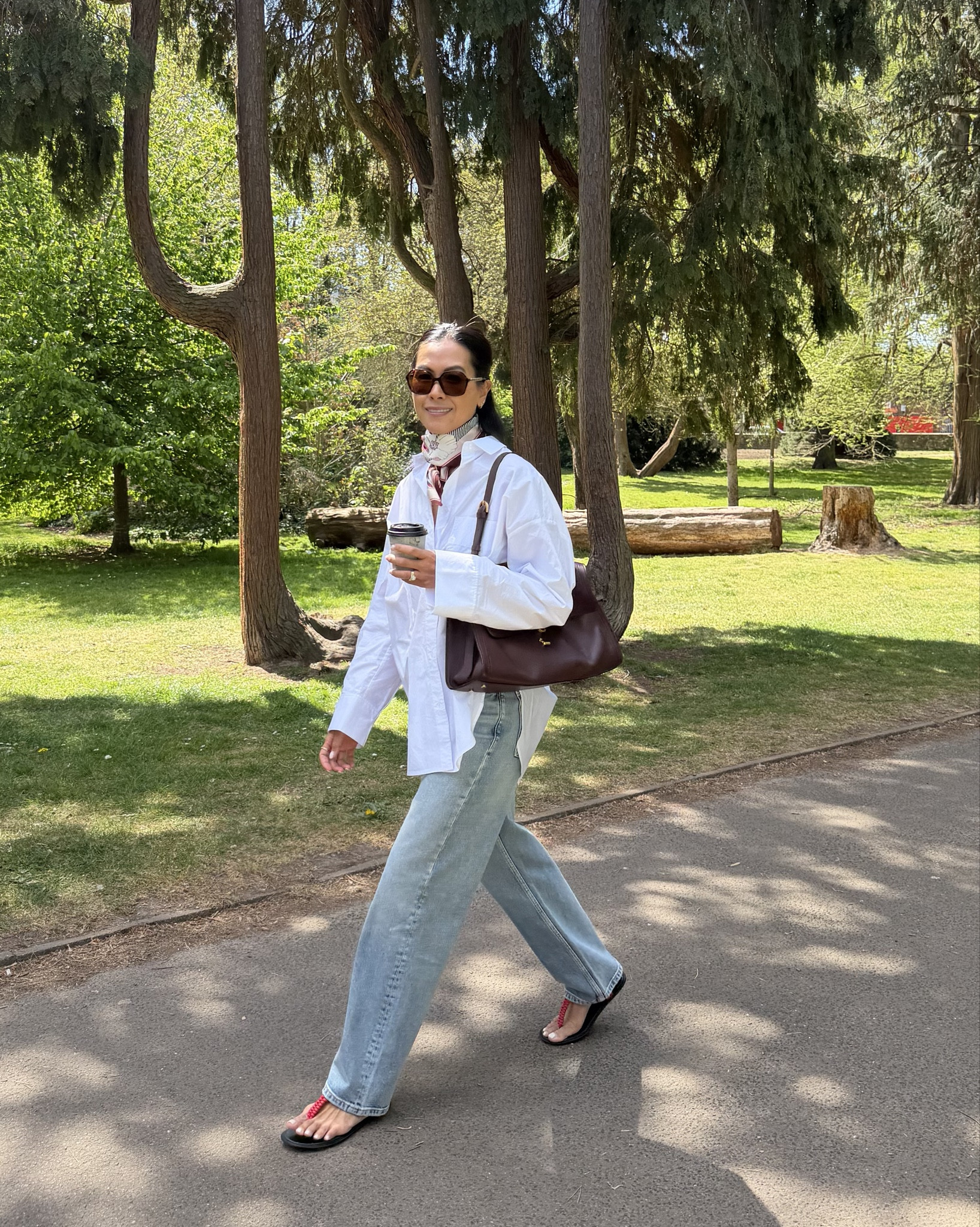 My go to outfit when I don’t know what to wear. 
Oversized poplin white shirt size small 
Straight cut loose jeans size 8
Sandals size 5 
Scarf 
Leo et Voilette Laurence bag in burgundy. ( not linked) 

#LTKsummer #LTKspring #LTKuk
