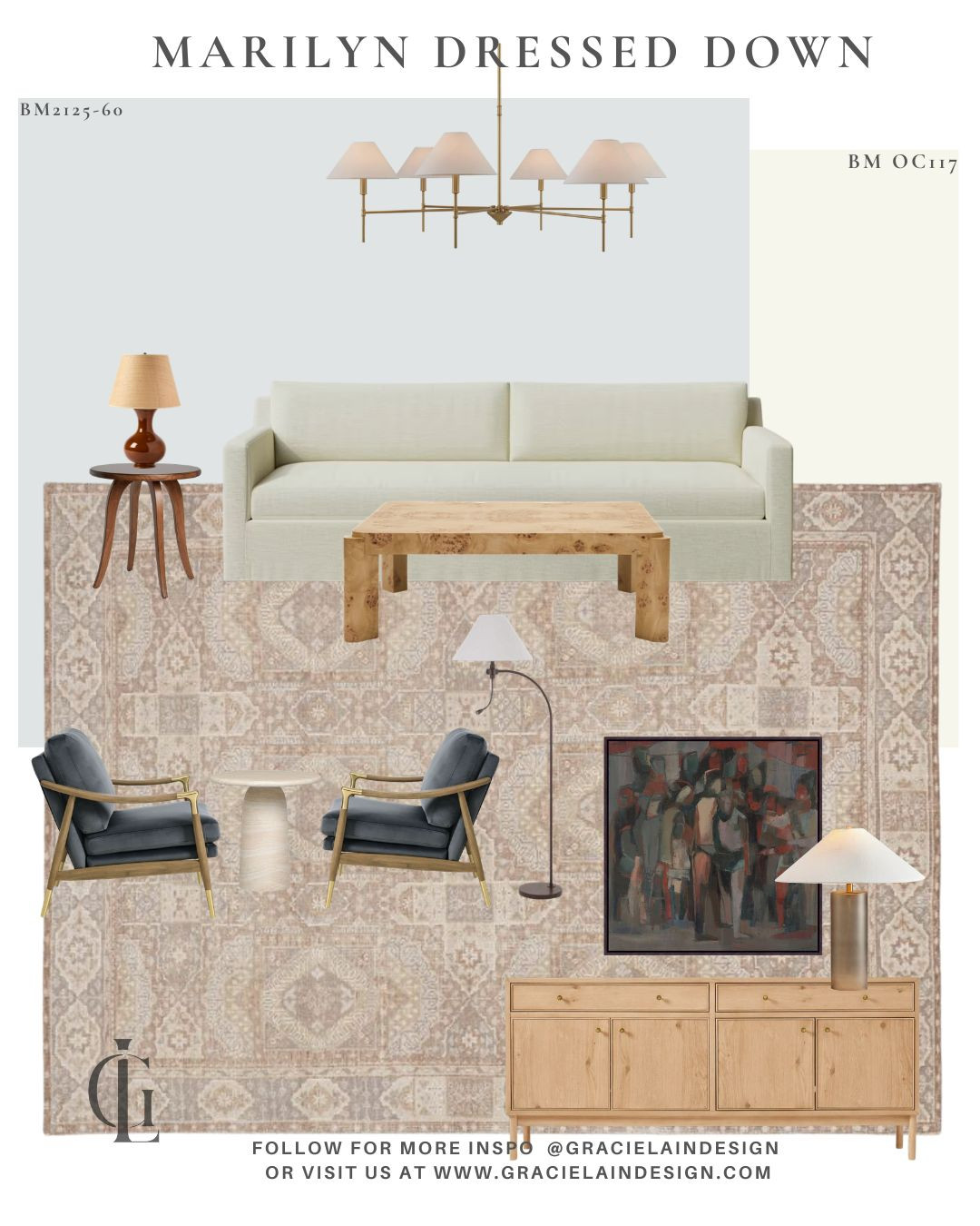 A sophisticated, modern yet relaxed living room layered in warmth and intention. 🎨✨

A beautiful dreamy neutral, Marilyn’s Dress 2125-60 by Benjamin Moore, provides the backdrop and sets the tone for a space that feels both elevated and effortlessly inviting. Warm brass accents catch the light, textured woods ground the palette, and a subtly patterned wool rug softens every step. Statement lamps glow like jewelry for the room, while elevated art adds personality and polish.

It’s the kind of space designed for slow mornings, impromptu evening cocktails, and meaningful conversations that linger long after sunset. Every layer tells a story — refined but livable, curated yet comfortable. A perfect balance of sophistication and ease.

Ready to create a home that feels this good?
Discover more at GracieLaindesign.com

#Gracielaindesign #ModernLiving #SophisticatedInteriors #NeutralPalette #BenjaminMoore #InteriorStyling #LuxuryLiving #WarmModern #LayeredLiving #ElevatedDesign #BrassAccents #TexturedInteriors #HomeInspiration 

 

#LTKHome #LTKSeasonal #LTKSaleAlert