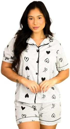 Pijama Americano Curto Mescla Coração Botão Adulto Amamentação | Amazon (BR)