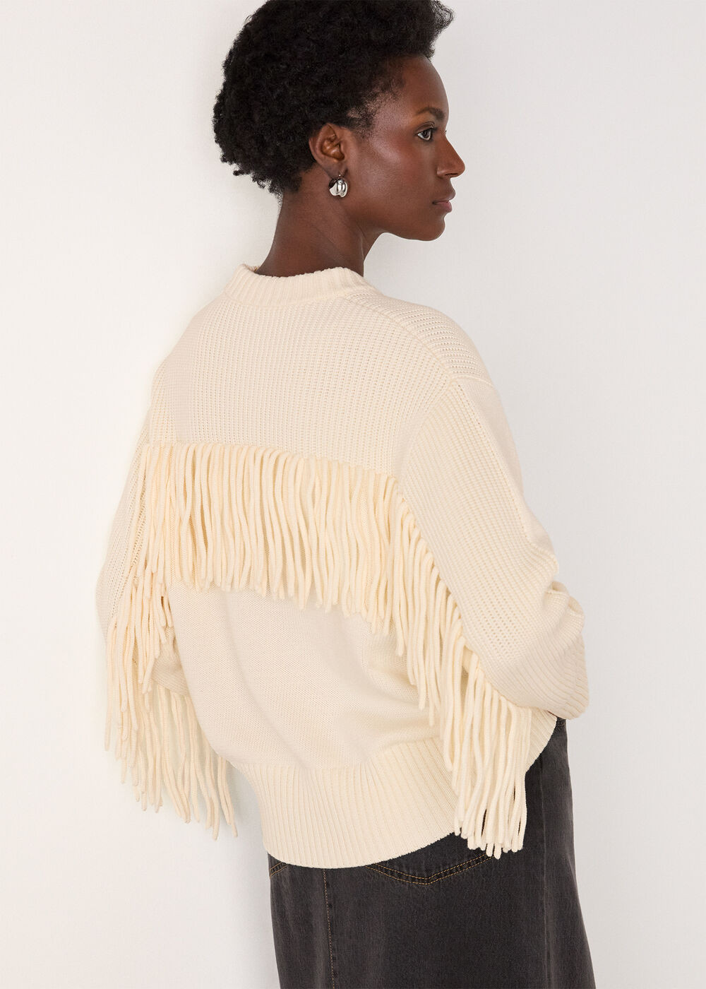 Ivory Fringe Rib Detail Cotton Knit | WHISTLES | Whistles UK | | Whistles