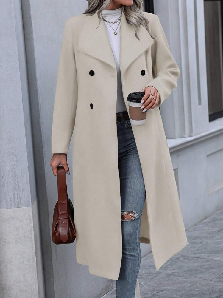 Pariaura Double-Breasted Waterfall Collar Woolen Coat | SHEIN