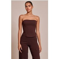 Dark Brown Stretch Woven Bandeau Corset | PrettyLittleThing US