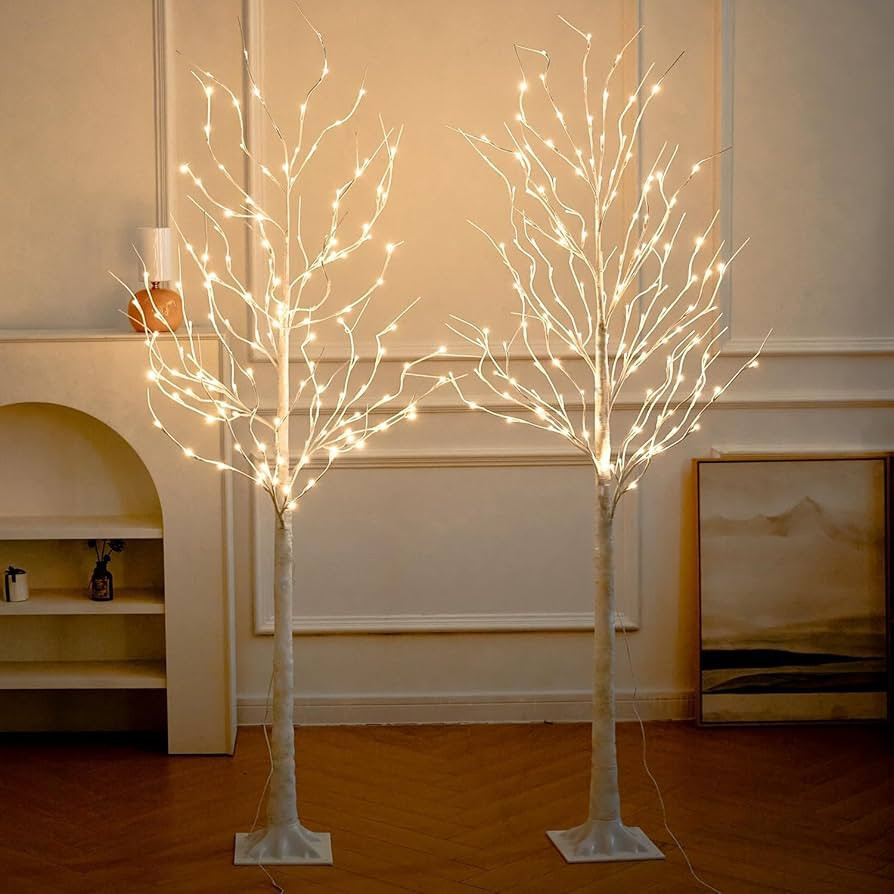 Lighted Birch Tree, 2 Pack 6 Feet 144 Warm White Lights, Prelit White Artificial Christmas Trees ... | Amazon (US)