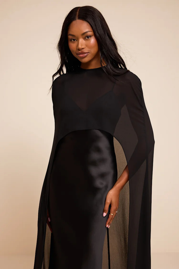 Cavana Black Satin Cape Maxi Dress | Lulus