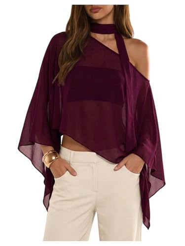 WDIRARA Women's Poncho Top Off The Shoulder Tops Y2k Flowy with Scarf | Amazon (US)