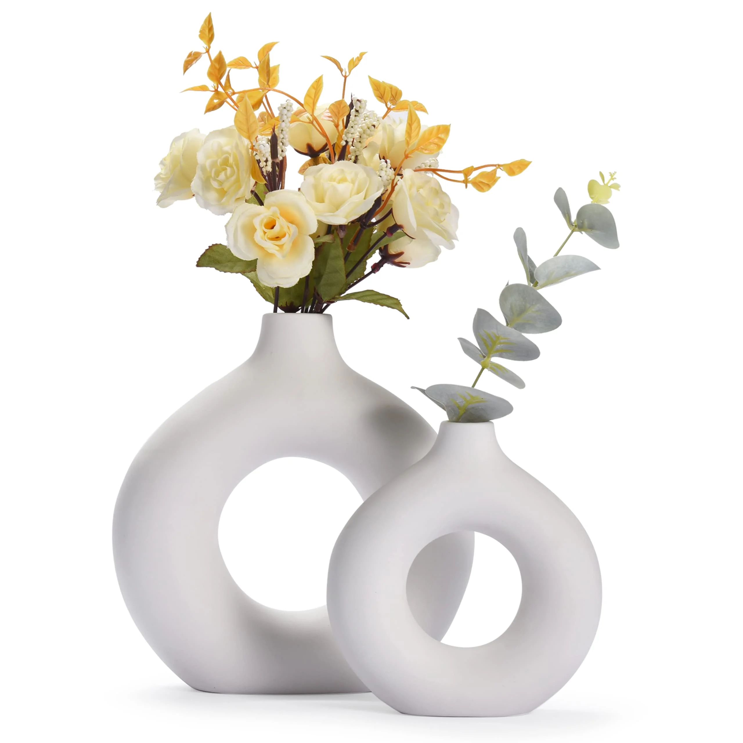 Whole Housewares Ceramic Vase - White Nordic Boho Donut Shape Decorative Vases - Circle Vase with... | Walmart (US)