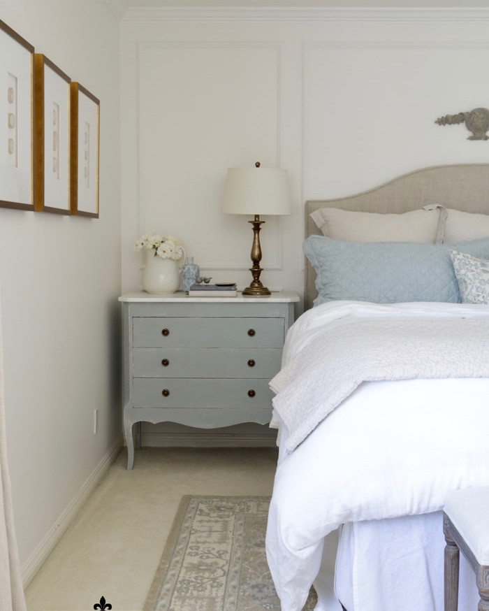 Bedroom done in soft French blue and neutrals 

Home decor, bedroom decor, primary bedroom, headboard, nightstand 