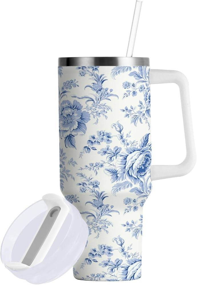Boccsty Vintage French Floral Insulated Tumblers Blue Pattern Reusable Stainless Steel Tumbler 40... | Amazon (US)