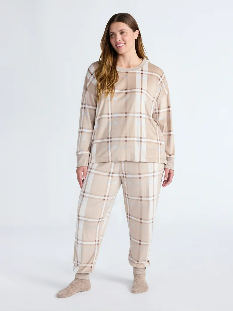Joyspun Women’s Stretch Velour Long Sleeve Top, Pants, and Socks Pajama Set, 3-Piece, Sizes XS-... | Walmart (US)