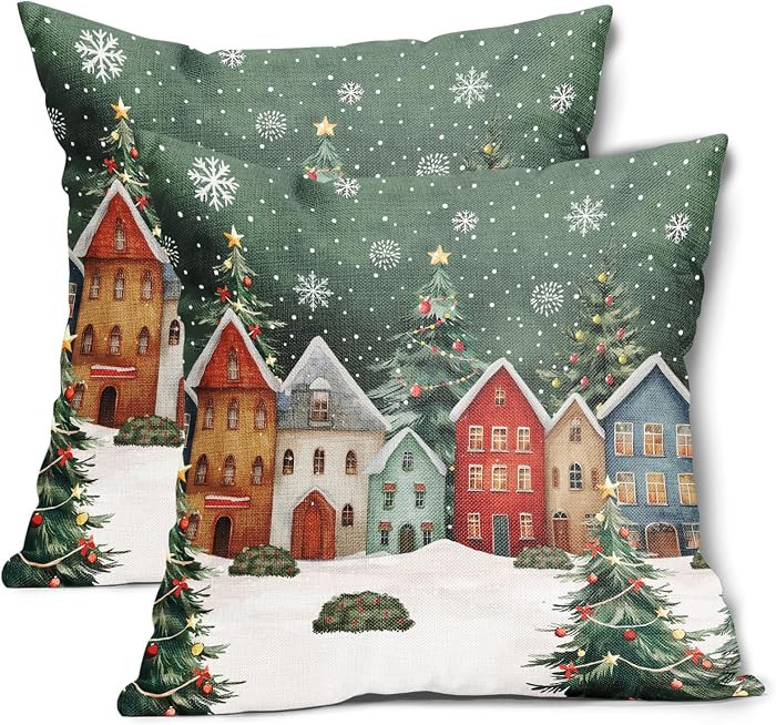 Winter Pillow Covers 18x18 Inch Set of 2 Wonderland Forest House Snowflake Cotton Linen Decorativ... | Amazon (US)
