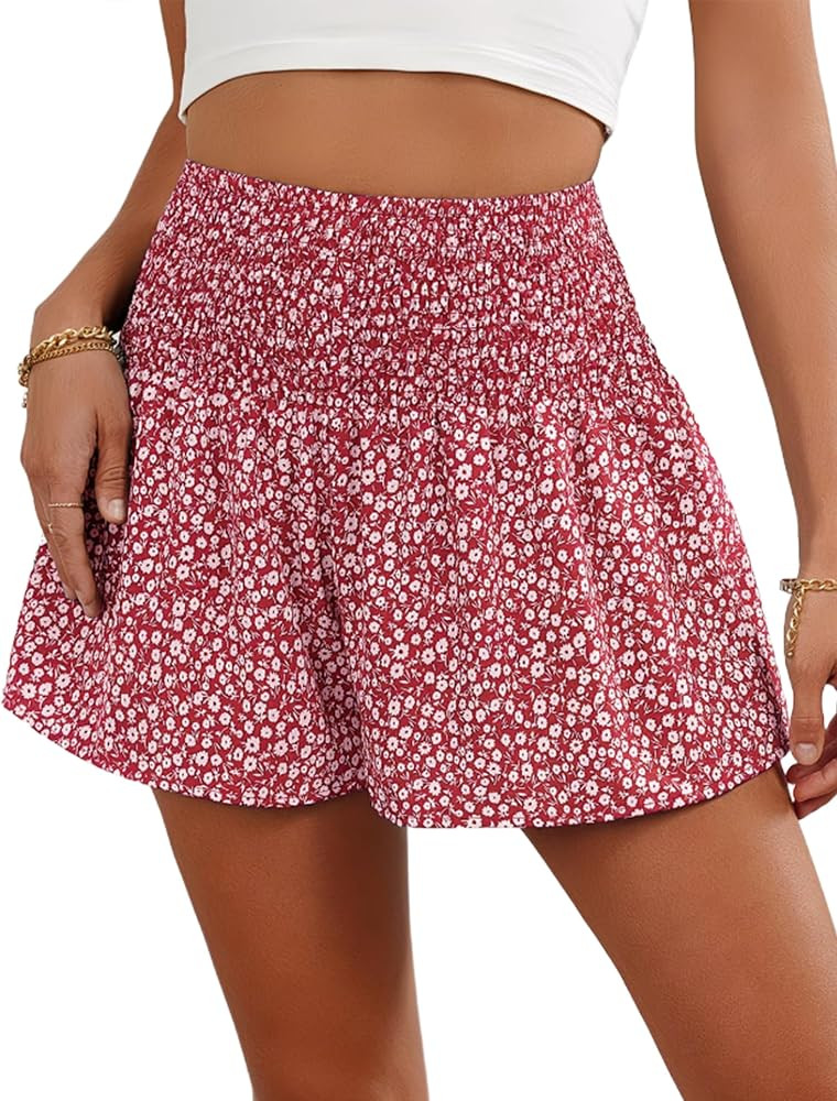 Mansy Women's Elastic High Waisted Flowy Shorts Wide Leg Ruffle Summer Casual Beach Vacation Outf... | Amazon (US)