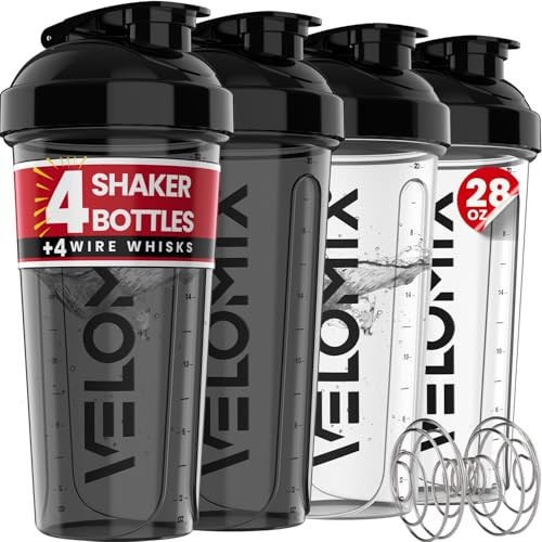 VELOMIX -4 PACK- 28 oz Protein Shaker Bottle for Protein Mixes - 4x Wire Whisk | Leak Proof Shaker Cups for Protein Shakes | Protein Shaker Bottle Pack | Protein Shake Cup (Clear Set) | Amazon (US)