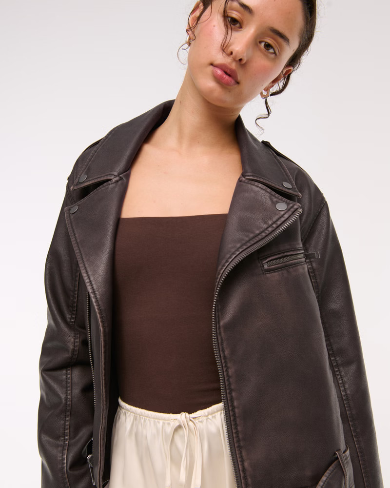 Distressed Vegan Leather Biker Jacket | Abercrombie & Fitch (US)