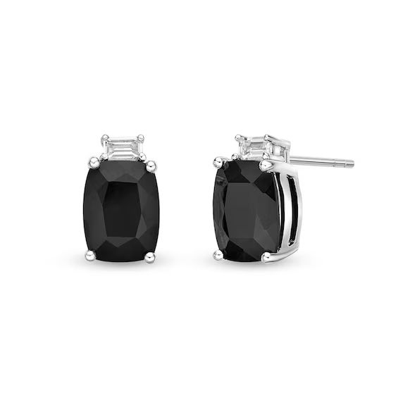 Cushion-Cut Onyx and Baguette White Topaz Stacked Stud Earrings in Sterling Silver|Zales | Zales