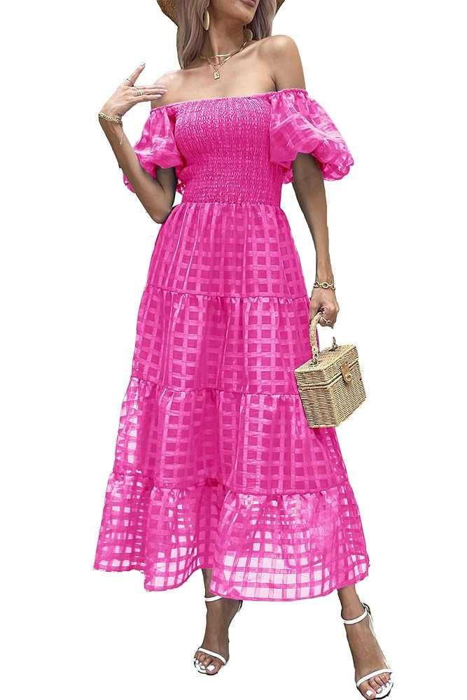 PRETTYGARDEN Women's Casual Summer Dress Puffy Short Sleeve Square Neck Smocked Tiered A Line Max... | Amazon (US)