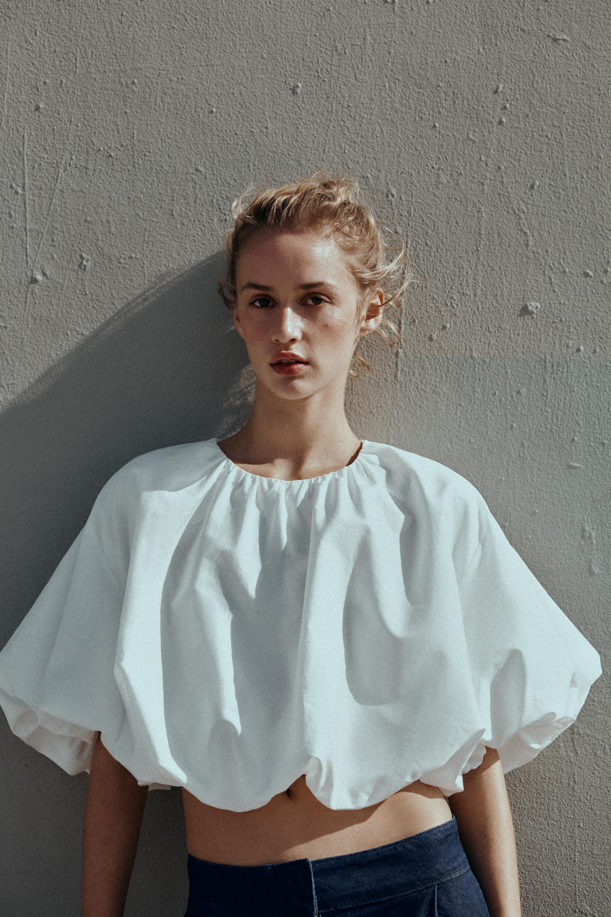 POPLIN BALLOON SLEEVE TOP | Zara UK