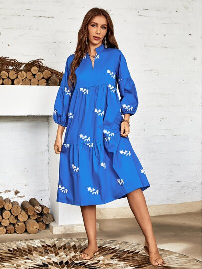 Floral Embroidery Lantern Sleeve Ruffle Hem Smock Dress | SHEIN