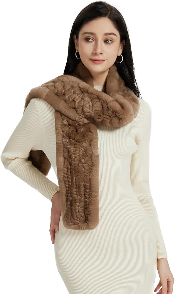Fur Story Women's Rex Rabbit Fur Scarf Ladies Winter Warm Knitted Long Crochet Fashion Scarf Scar... | Amazon (US)