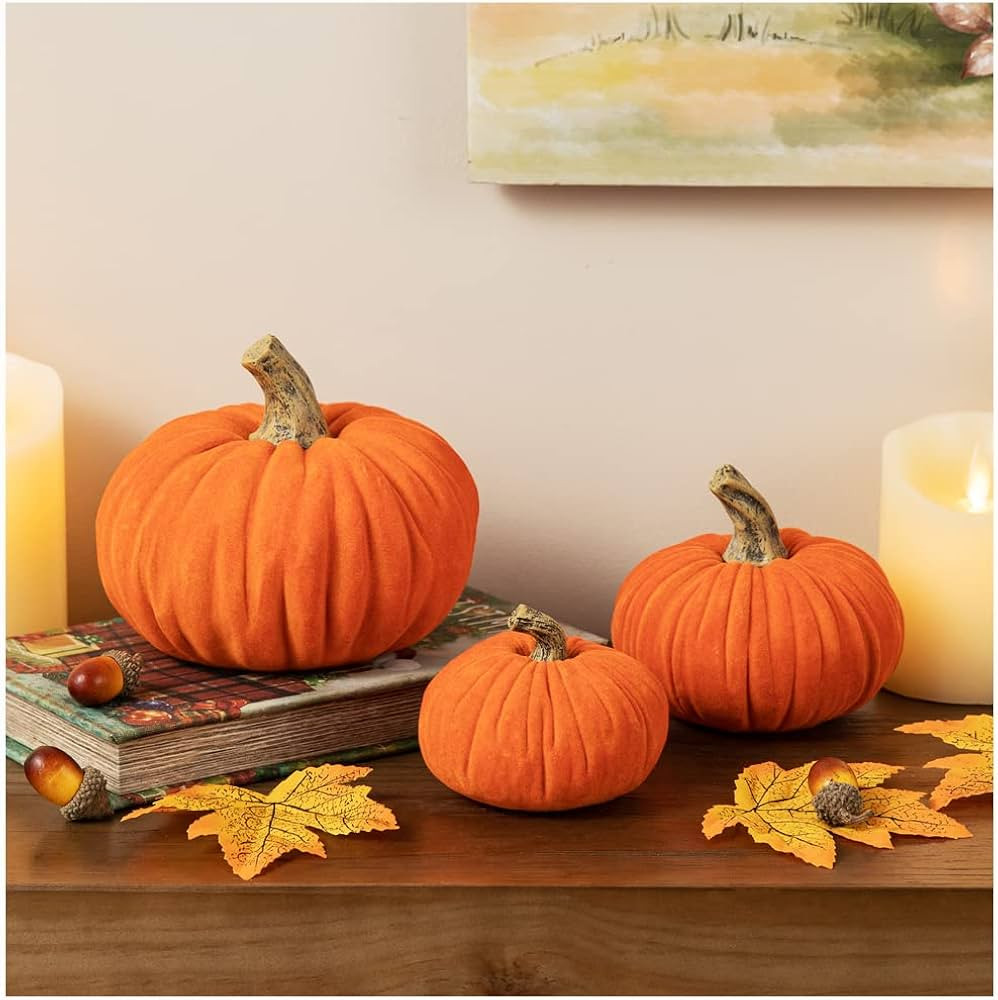 glitzhome 3 Pack Orange Velvet Pumpkins, Rustic Table Accent Artificial Resin Pumpkin for Fall Ha... | Amazon (US)
