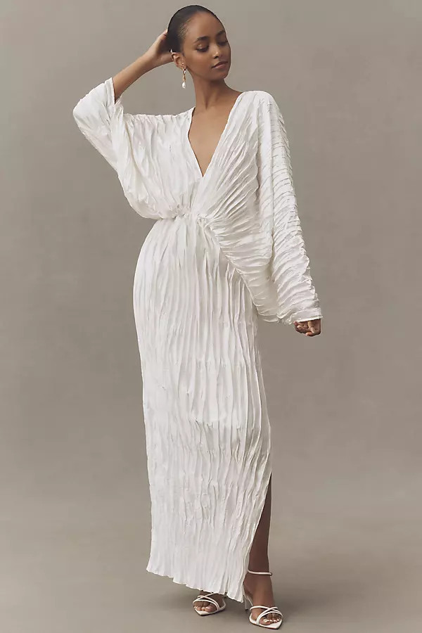 De Luxe Long-Sleeve V-Neck Pleated Maxi Dress | Anthropologie (US)