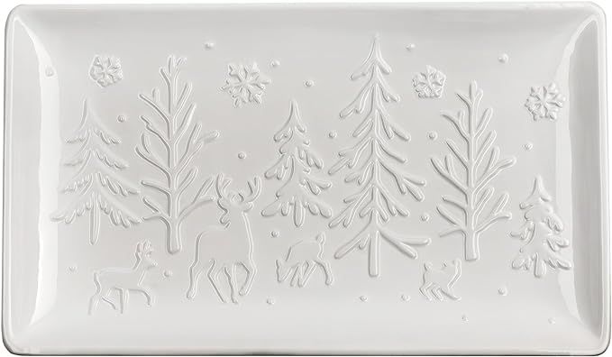 AuldHome Reindeer Christmas Tree Platter; Ceramic Embossed White Serving Tray | Amazon (US)