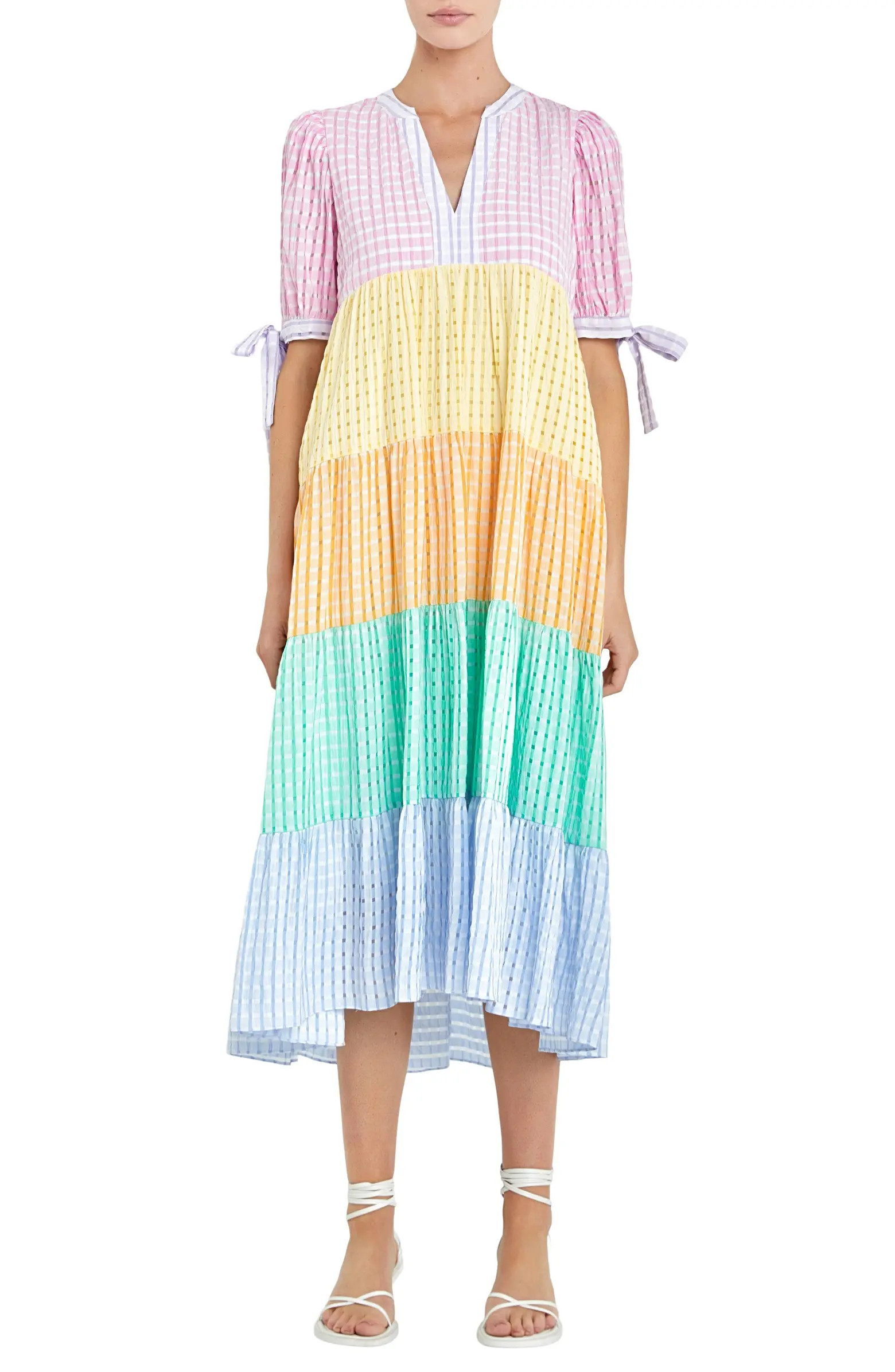 English Factory Colorblock Gingham Bow Sleeve Midi Dress | Nordstrom | Nordstrom