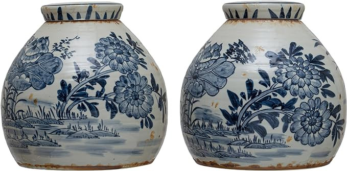 Creative Co-Op Decorative Stoneware Ginger Jar with Flower Prints and Distressed Finish, Blue and... | Amazon (US)