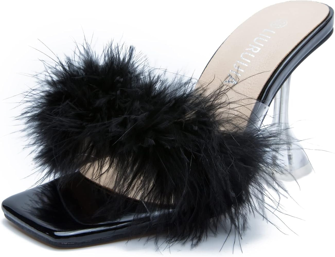 LIURUIJIA Women'S Square Toe Feathers High Heel Fur Mules Sandals Fuzzy Heels Fluffy Heels Weddin... | Amazon (US)