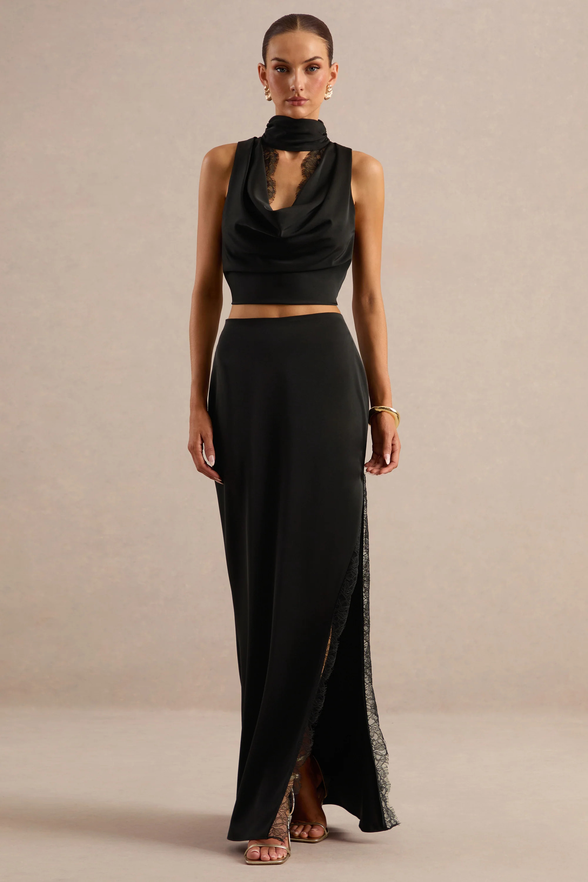 Perline | Black Satin Maxi Skirt With Lace Detailing And Split | Club L London
