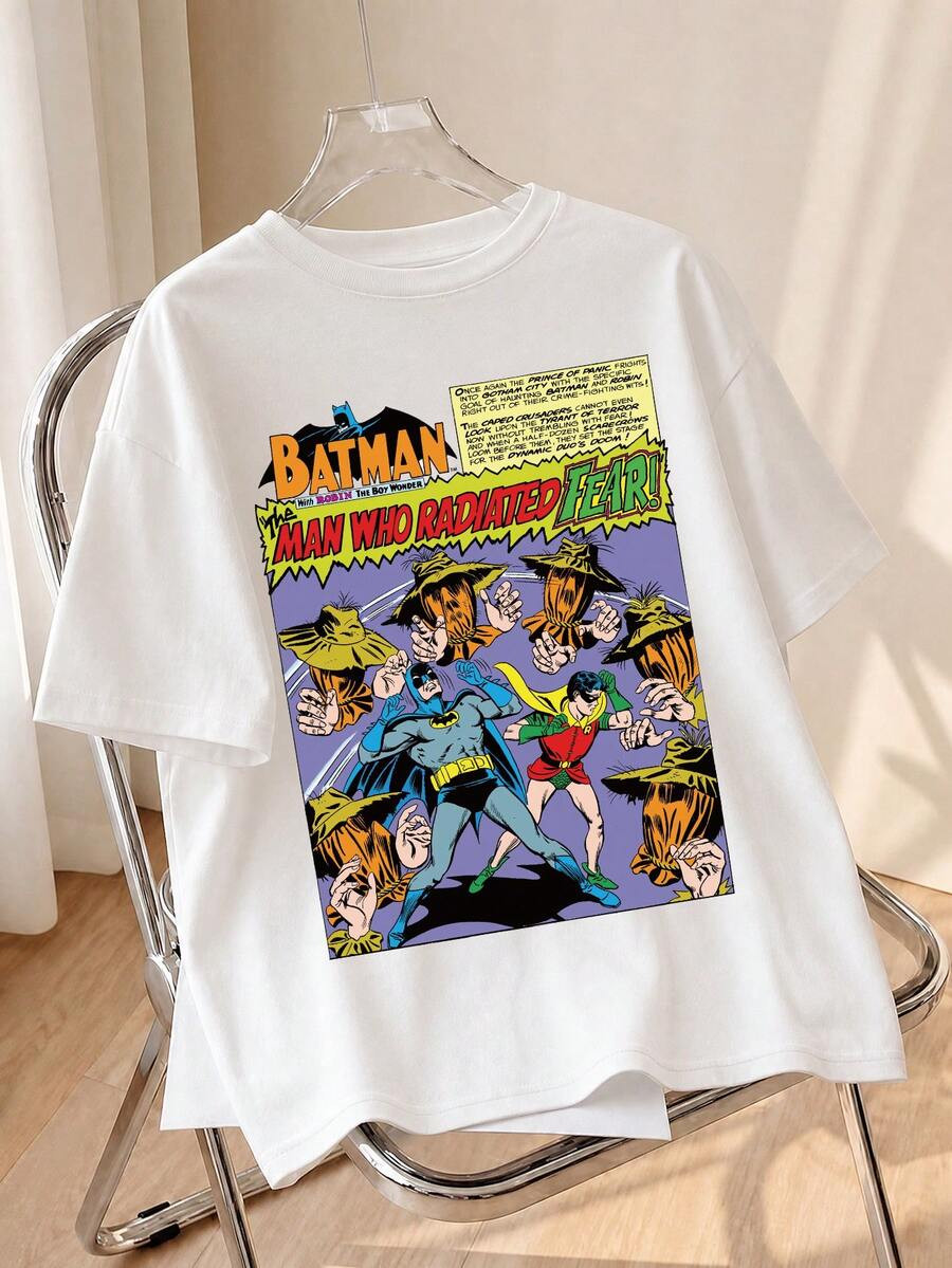 SHEIN X BATMAN Vintage Full Page Comic Bat Duo Figure & Bold Title Print Crew Neck Tee,  Summer Holiday Casual White | SHEIN