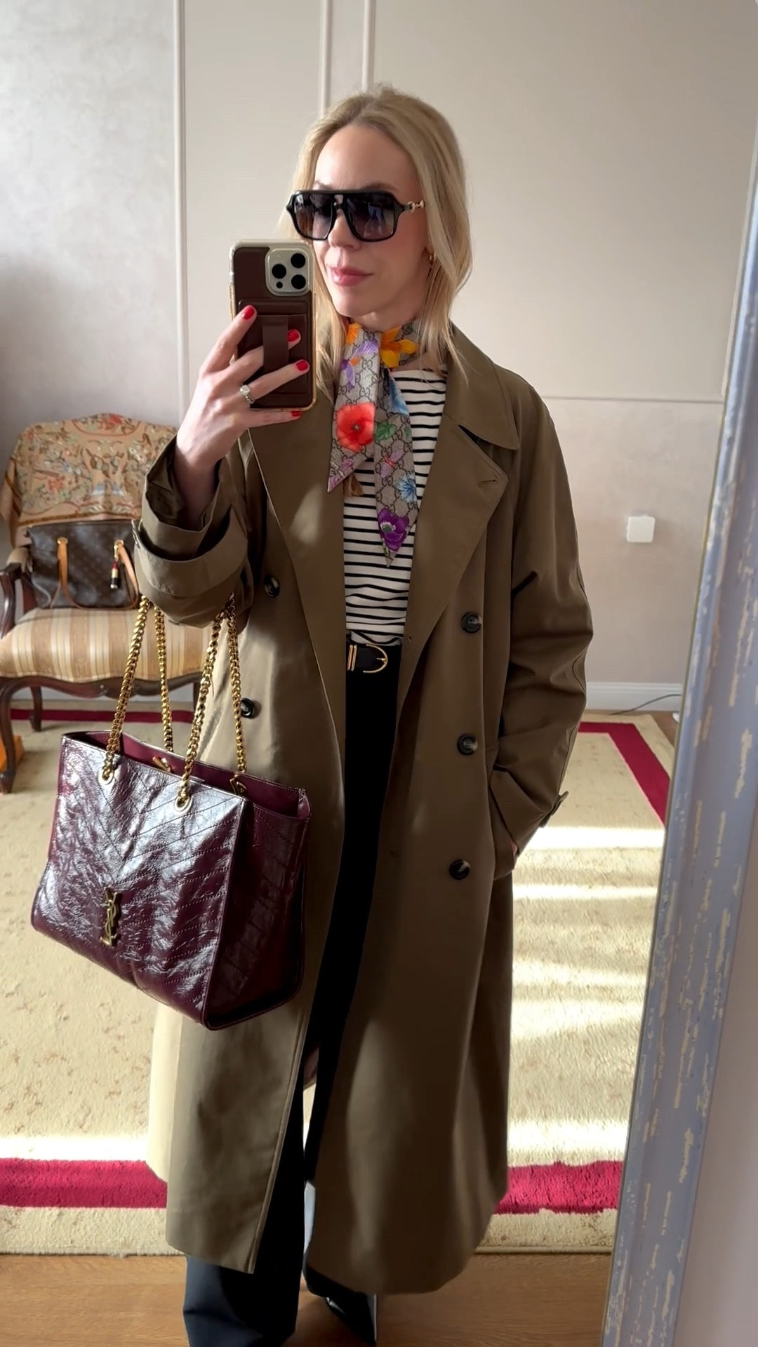 Work outfit, spring business casual, olive green trench coat, silk scarf, striped top, style over 40

#LTKWorkwear #LTKootd #LTKOver40